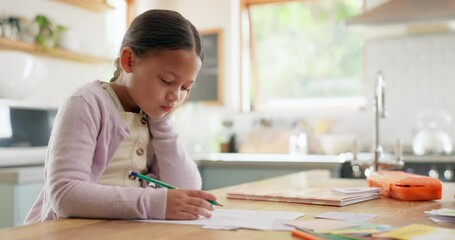 Tired, yawn and child with homework in kitchen, bored and doing project for education. Fatigue, morning or young girl with adhd yawning while drawing, learning writing or school knowledge in a house
