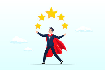 Businessman superhero carrying big golden customer 5 stars rating feedback, 5 stars expert, excellence or great service, quality and good reputation professional, award winning or best rating (Vector)