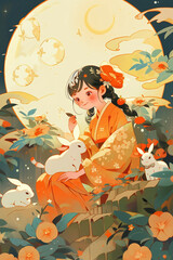 Obraz na płótnie Canvas Mid-Autumn Festival girl holding a rabbit illustration, Chang'e flying to the moon
