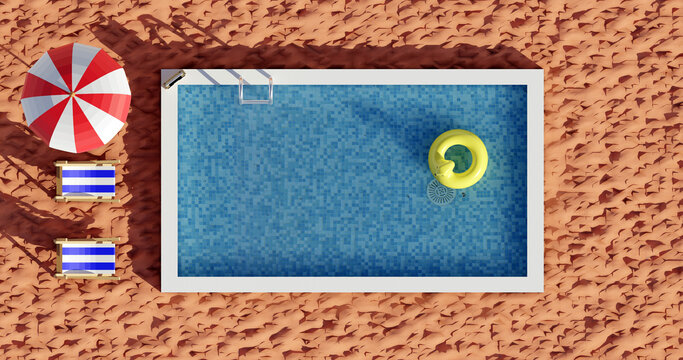 Top view of sunny swimming pool on summer vacation with minimalist concept from 3d render design.