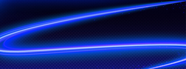 Speed swirl line with neon light effect vector background. Blue abstract energy motion curve with sparkle shine and flare. 3d transparent flying ray vortex trace element design with luminous blur.
