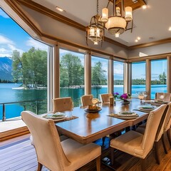 Fototapeta premium 171 A luxurious lakeside mansion with expansive windows, a private yacht dock, and opulent interiors showcasing exquisite craftsmanship and design5, Generative AI