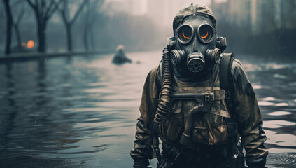 soldier in gas mask at war - obrazy, fototapety, plakaty