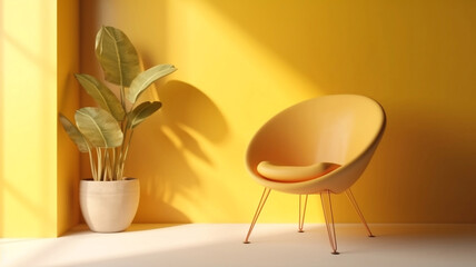 Living room with copy space. Interior living room with a yellow armchair and green plant with evening sunlight shining through a yellow wall.