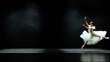 Ballet performance, graceful ballerina in a white tutu dance and perform choreographic elements on a black background, windy and dramatic dance.