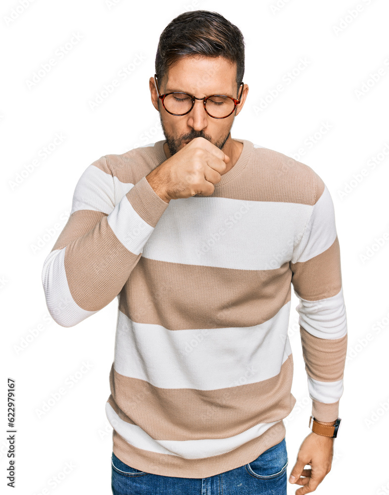 Poster handsome man with beard wearing casual clothes and glasses feeling unwell and coughing as symptom fo