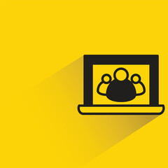 online conference in laptop with shadow on yellow background