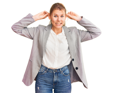 Young beautiful blonde woman wearing elegant jacket smiling pulling ears with fingers, funny gesture. audition problem - Powered by Adobe