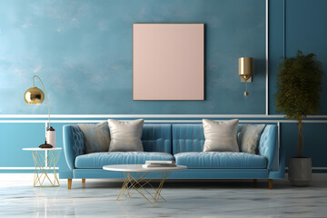 Interior of living room with blue sofa 3d rendering