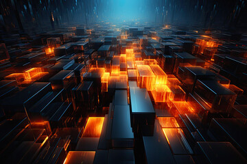 Obraz premium black and amber illuminated cubes. 3d background. ai generative