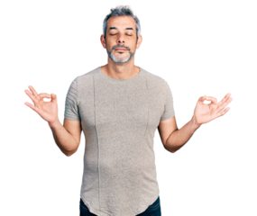 Middle age hispanic with grey hair wearing casual grey t shirt relax and smiling with eyes closed doing meditation gesture with fingers. yoga concept.