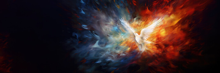 Winged dove in flames, a representation of the New Testament Holy Spirit with copy space