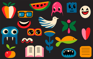 set of abstract cartoon elements on black background in flat style vector