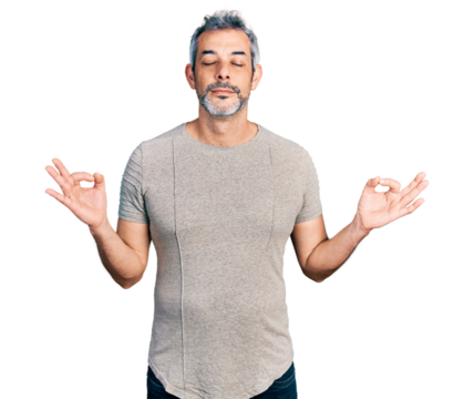 Middle age hispanic with grey hair wearing casual grey t shirt relax and smiling with eyes closed doing meditation gesture with fingers. yoga concept.