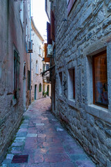 Street view of old city Kotor in Montenegro, medieval european architecture, balkan travel