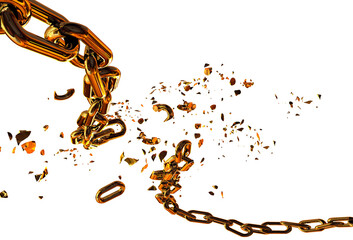 chain  golden in front of fire  breaking break chain horizontal silver broken shuttered pieces - 3d rendering