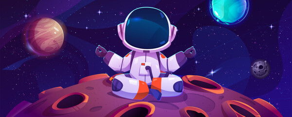 Sitting astronaut on moon and space yoga meditation vector illustration. Comic spaceman drawing constellation background. Outer planet or star astronomy wallpaper. Childish personage relax on meteor - obrazy, fototapety, plakaty