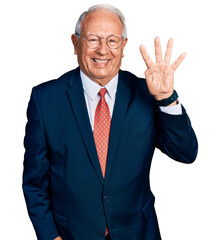 Senior man with grey hair wearing business suit and glasses showing and pointing up with fingers number four while smiling confident and happy.