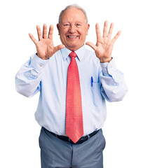Senior handsome grey-haired man wearing elegant tie and shirt showing and pointing up with fingers number ten while smiling confident and happy.