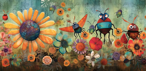 Colorful meadow with happy bumble bees