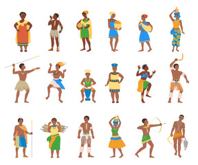 Barefoot African Aboriginal People Character Dressed in Traditional Tribal Clothing Vector Illustration Set