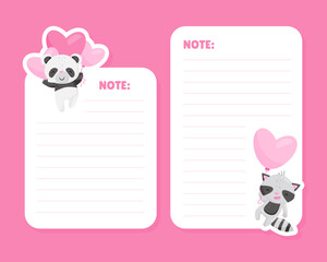 Empty Note Card with Cute Panda and Raccoon Animal Holding Heart Pink Balloons Vector Template