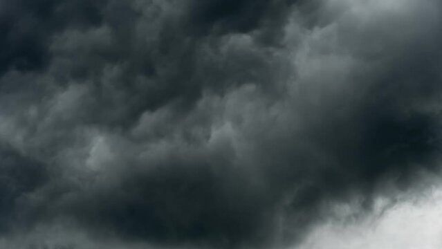 storm sky timelapse, dark dramatic clouds during thunderstorm, rain and wind, extreme weather, abstract background
