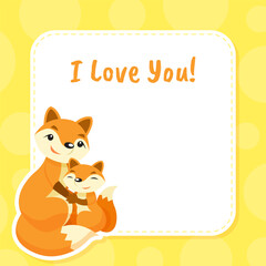 Love You Card with Cute Red Fox Mother and Baby with Bushy Tail Vector Template