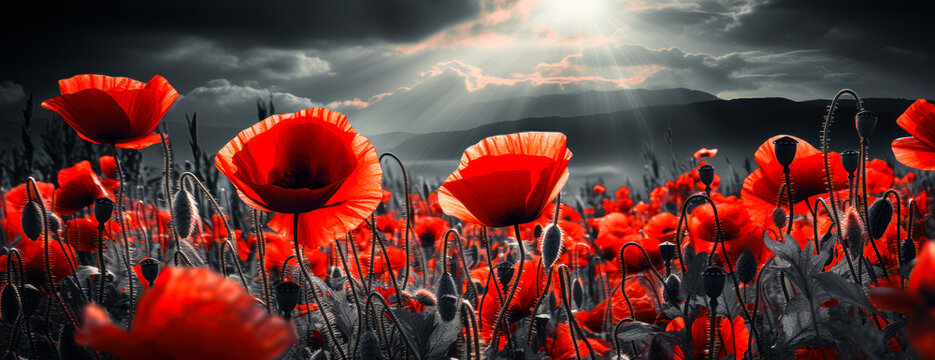 Armistice Day Remembrance: Red Poppies in Field, November 11 Background with Dark Clouds