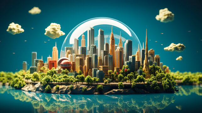 a digital painting of a city in a bubble. model of a city in a glass ball. World Cities Day concept banner wallpaper