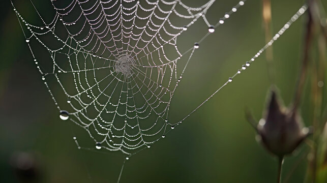 Close-up of spiderweb covered in dewdrops in nature