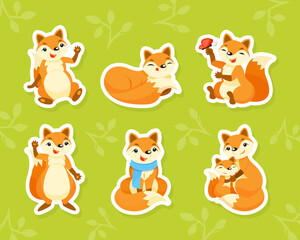 Cute Red Fox Animal with Bushy Tail Vector Sticker Set