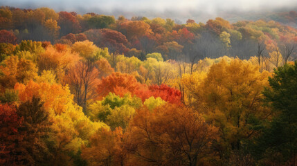 Aerial view of autum forest in fall colors with many trees