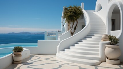 Fototapeta na wymiar White Stairs on a Mediterranean island, blue skies and clear water
