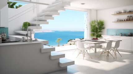 A detailed view offers a peek into a luxurious modern villa's grand windows on a Greek island, revealing a stylish living room..