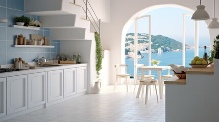 A detailed view offers a peek into a luxurious modern villa's grand windows on a Greek island, revealing a stylish living room..