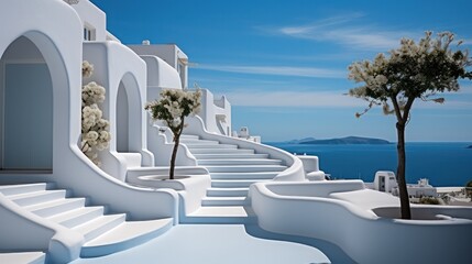 Fototapeta premium White stairs of a luxurious modern villa in Greece, offering a path to the sea under a blue sky..