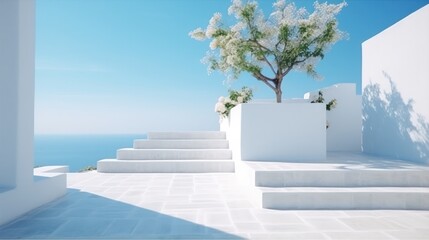 Fototapeta na wymiar White stairs of a luxurious modern villa in Greece, offering a path to the sea under a blue sky..