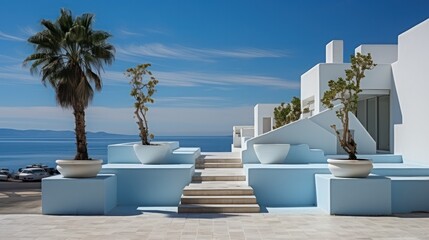 Fototapeta na wymiar White stairs of a luxurious modern villa in Greece, offering a path to the sea under a blue sky..