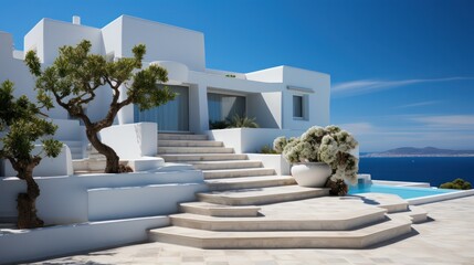 Fototapeta premium White stairs of a luxurious modern villa in Greece, offering a path to the sea under a blue sky..