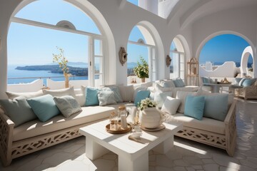 A detailed view features a luxurious modern villa's living room in Greece with grand windows and designer furnishings.