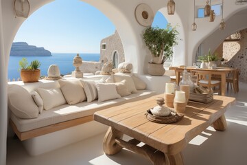 Fototapeta premium A wide view captures a luxurious modern villa's living room on a Greek island, focusing on grand windows and luxurious furnishings.
