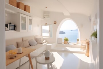 A 3D render showcases a luxurious modern villa's living room in Greece with grand windows and lavish furnishings.