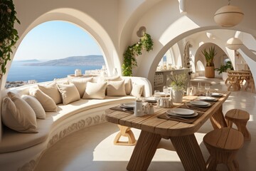 Fototapeta na wymiar A 3D render showcases a luxurious modern villa's living room in Greece with grand windows and lavish furnishings.