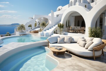Fototapeta premium Close-up detail showcases a luxurious modern villa's grand windows in Greece, revealing a stylish living room..