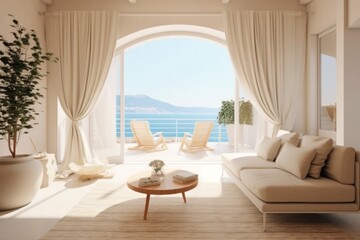 Naklejka na ściany i meble A wide view provides a look into a luxurious modern villa's grand windows in Greece, revealing a plush living room.