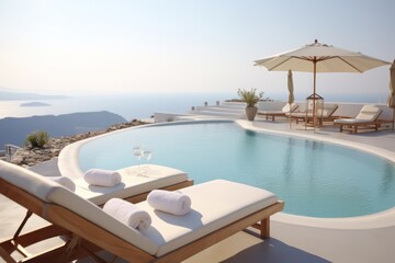 Fototapeta premium Close-up detail showcases a luxurious modern villa's grand windows in Greece, revealing a stylish living room..