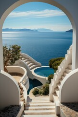 Exterior design of a Greek villa, featuring white stairs, sea views, and clear water under a clear blue sky.....