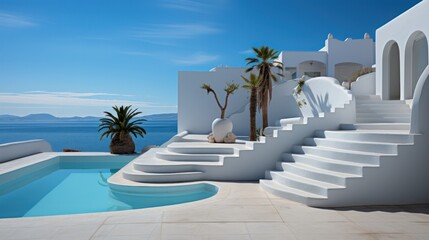 Fototapeta na wymiar Exterior design of a Greek villa, featuring white stairs, sea views, and clear water under a clear blue sky.....