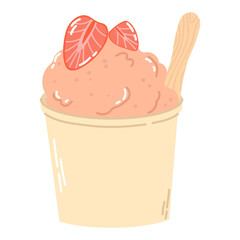 Isolated cartoon ice cream with strawberry sorbet in beige round box with a stick in flat vector style on white background. Summer food.